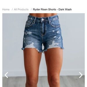 RISEN dark wash Distressed Jean Shorts with Frayed Hem